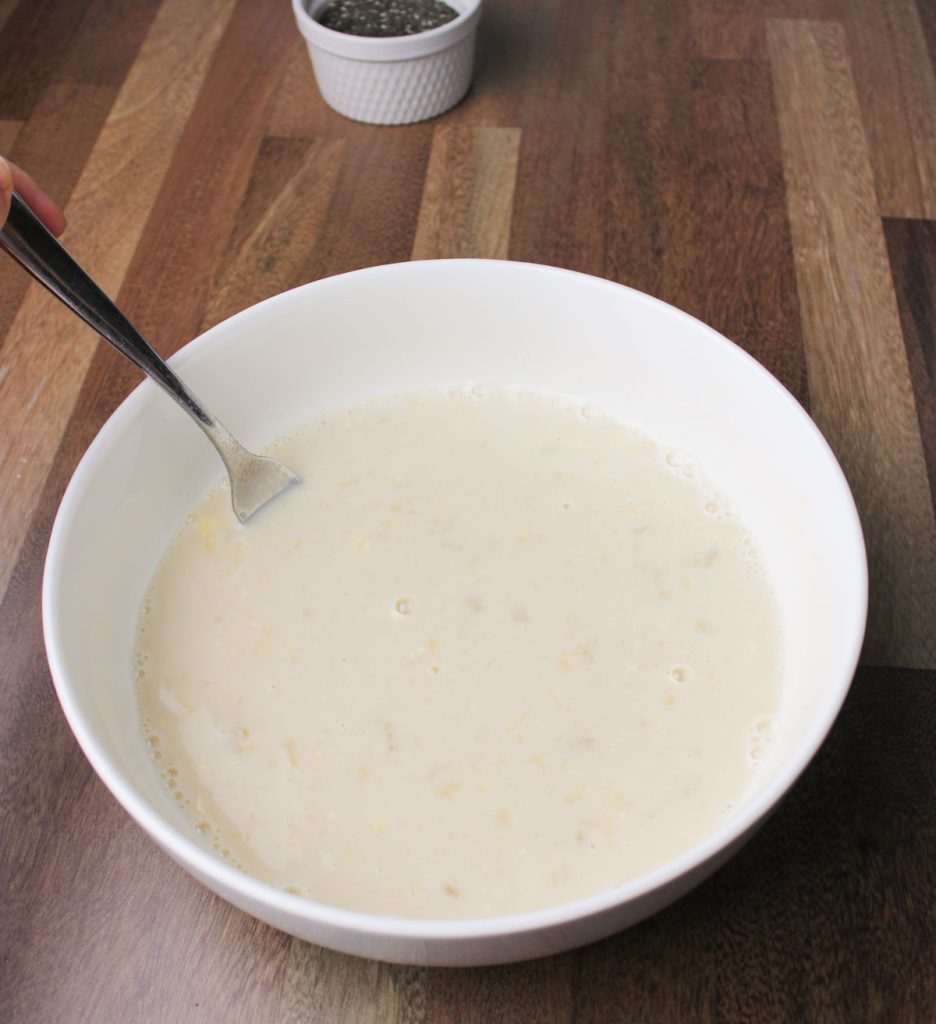 Bowl of milk and banana mixture.