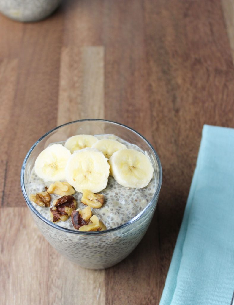 Chia pudding with banana slices and walnuts.