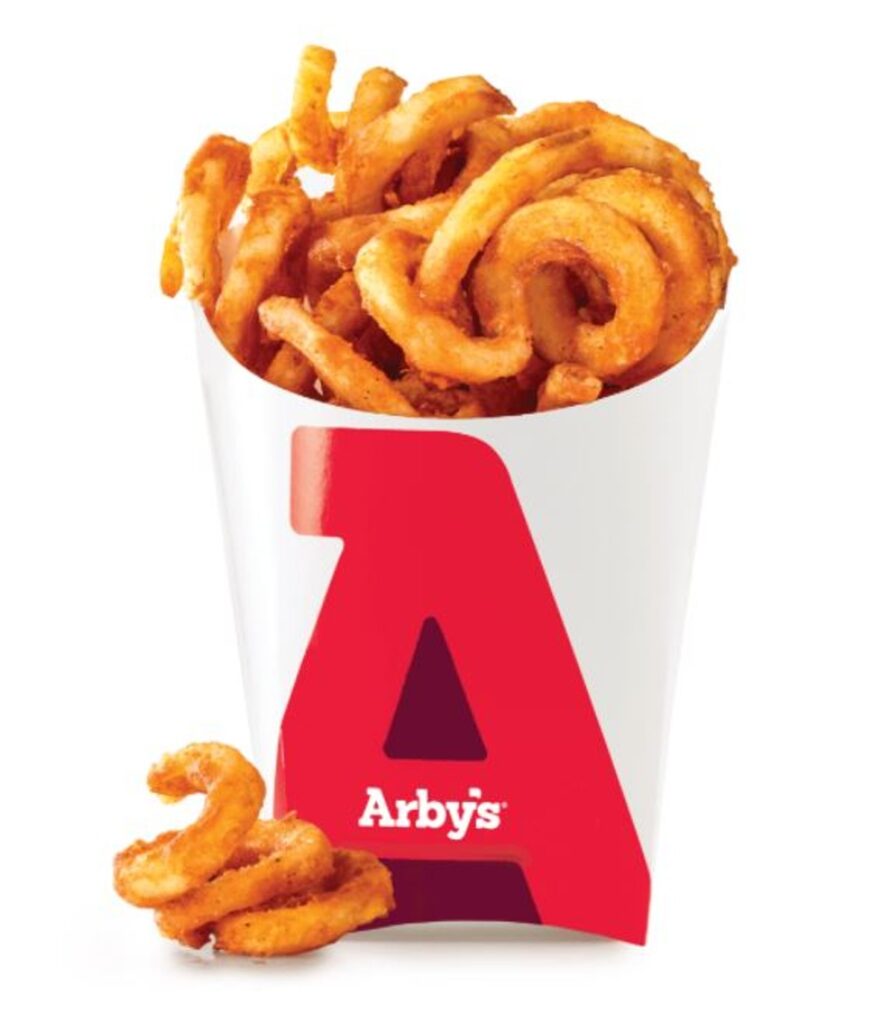 Container of Arby's curly fries.