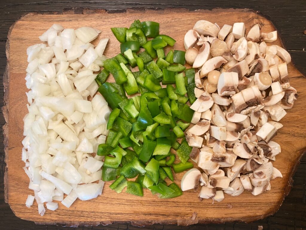 chopped onions, pepper and mushrooms
