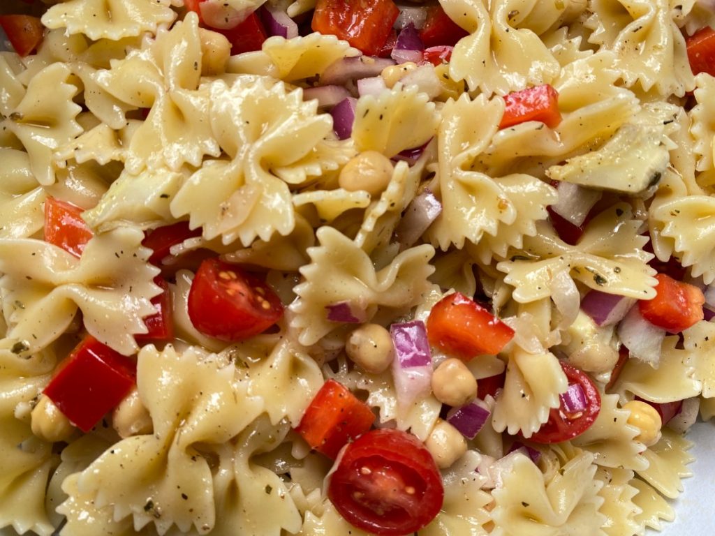 close up of pasta salad.