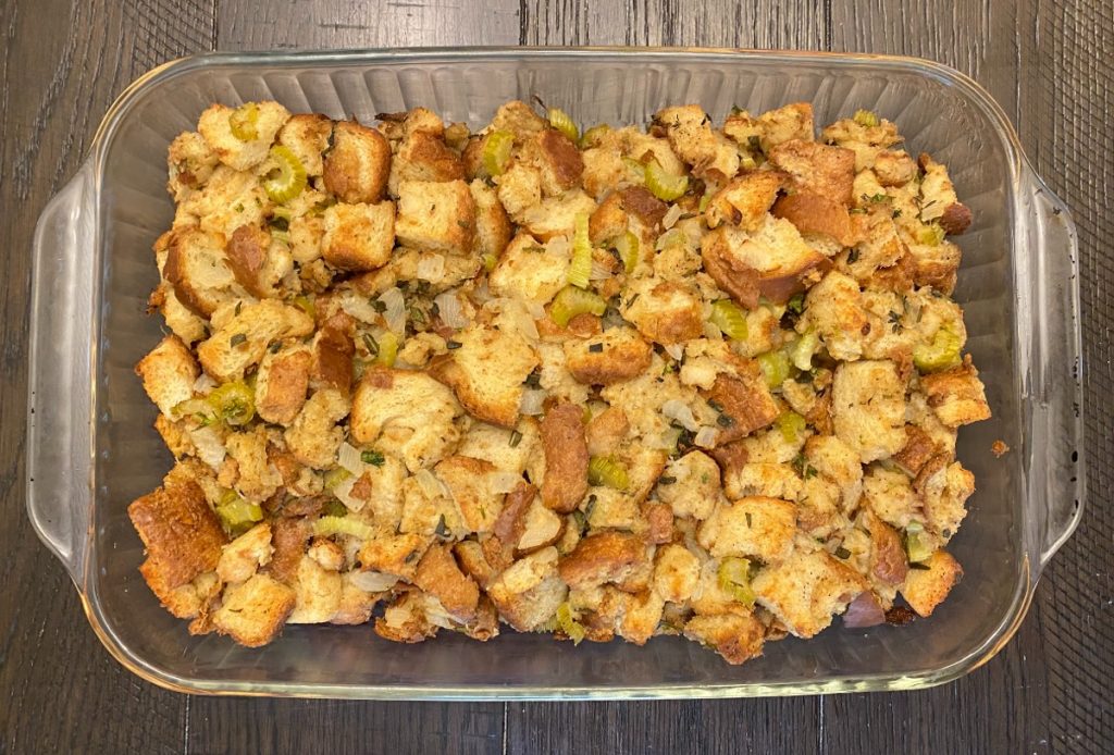 baked stuffing in casserole dish.