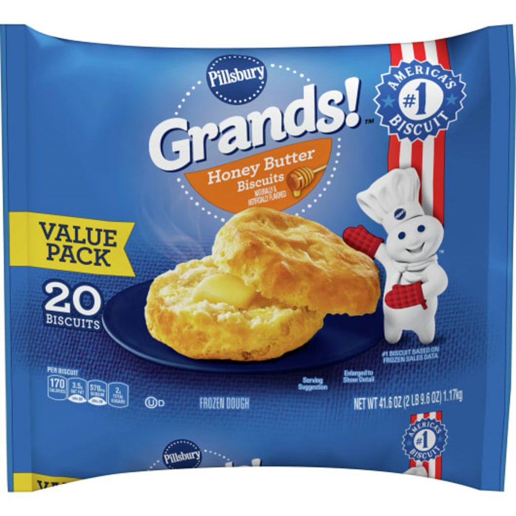 bag of frozen pillsbury grands honey butter biscuits.