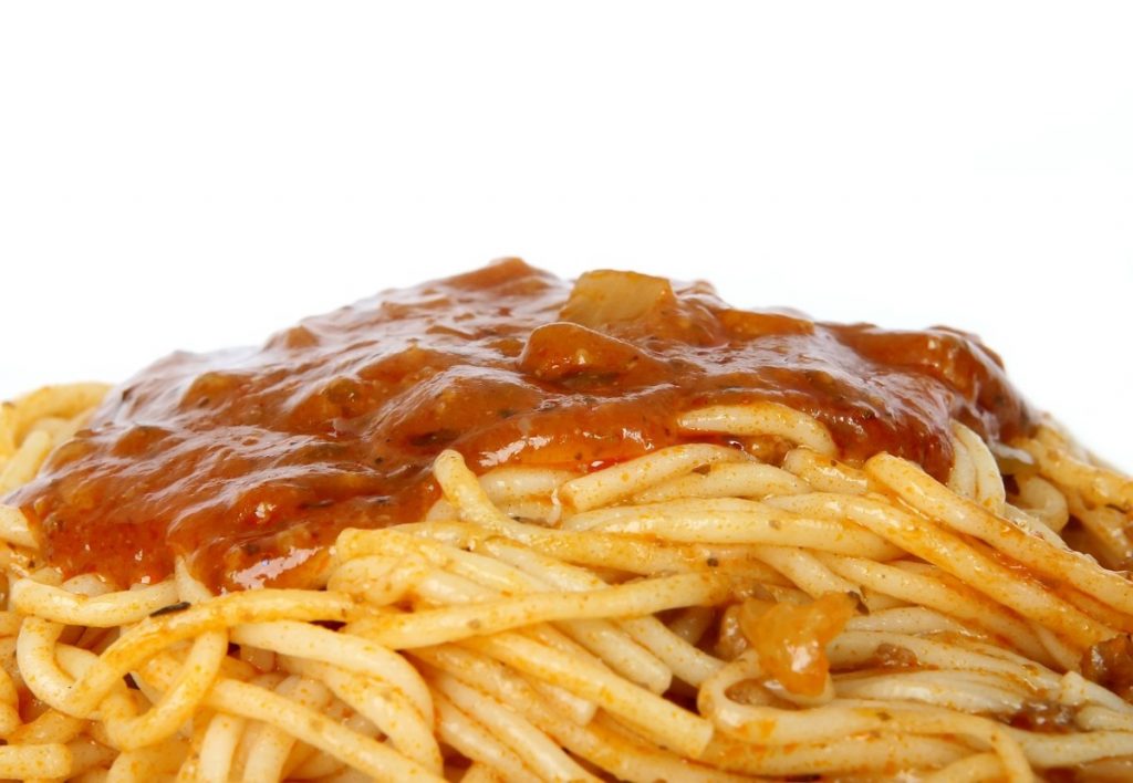 close up of spaghetti marinara.