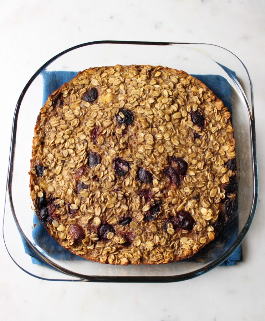 baked oatmeal in a glass dish.