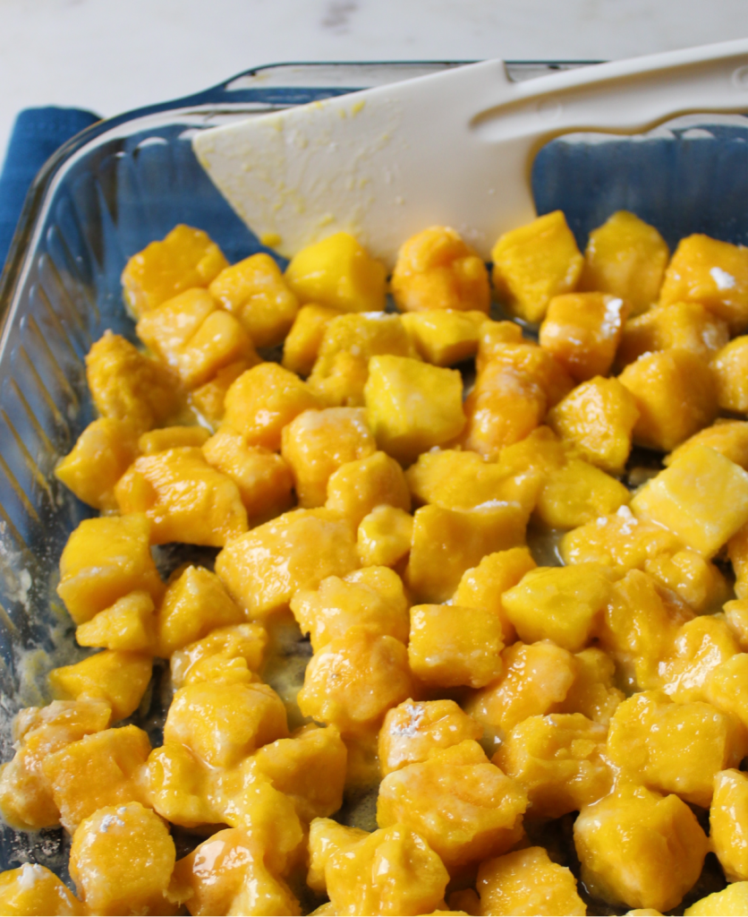 close up of mango cubes with sugar and cornstarch.