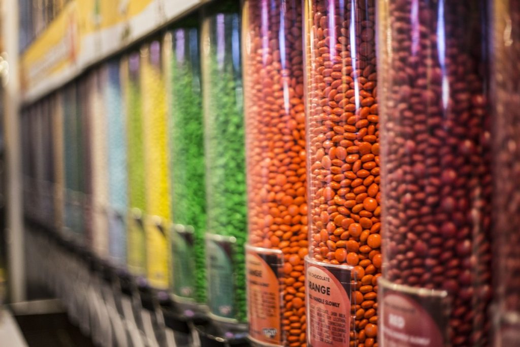 row of different colored m&ms.