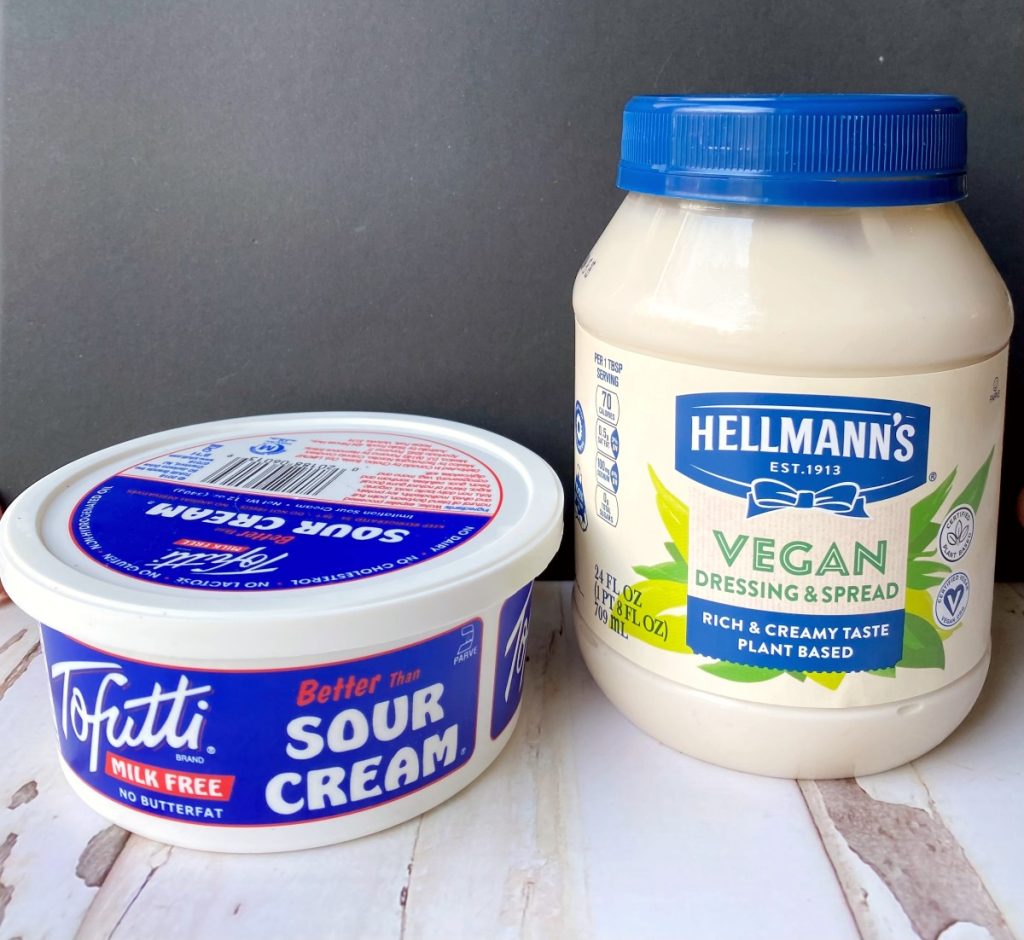 Tofutti Sour Cream and Hellmann's Vegan Mayo.