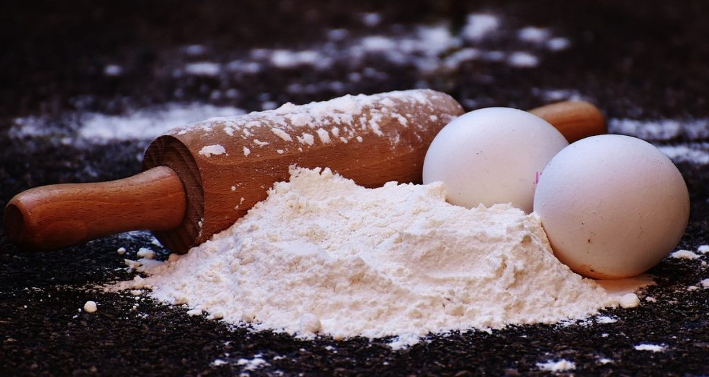 flour, eggs, and a rolling pin.