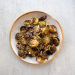 Bowl of maple glassed Brussel sprouts.