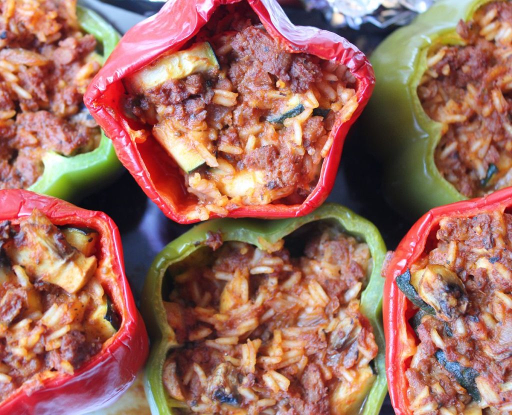 Top view of baked stuffed peppers.