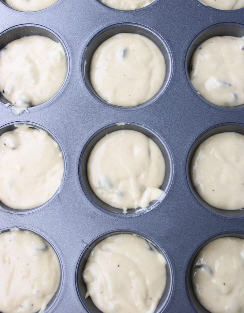 Muffin batter in the tin.