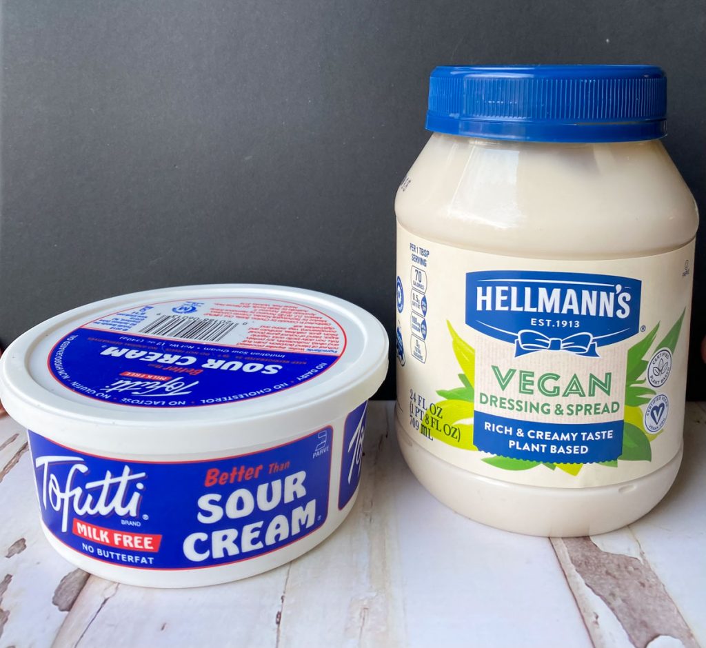 Tofutti vegan sour cream and Hellmann's vegan mayo.