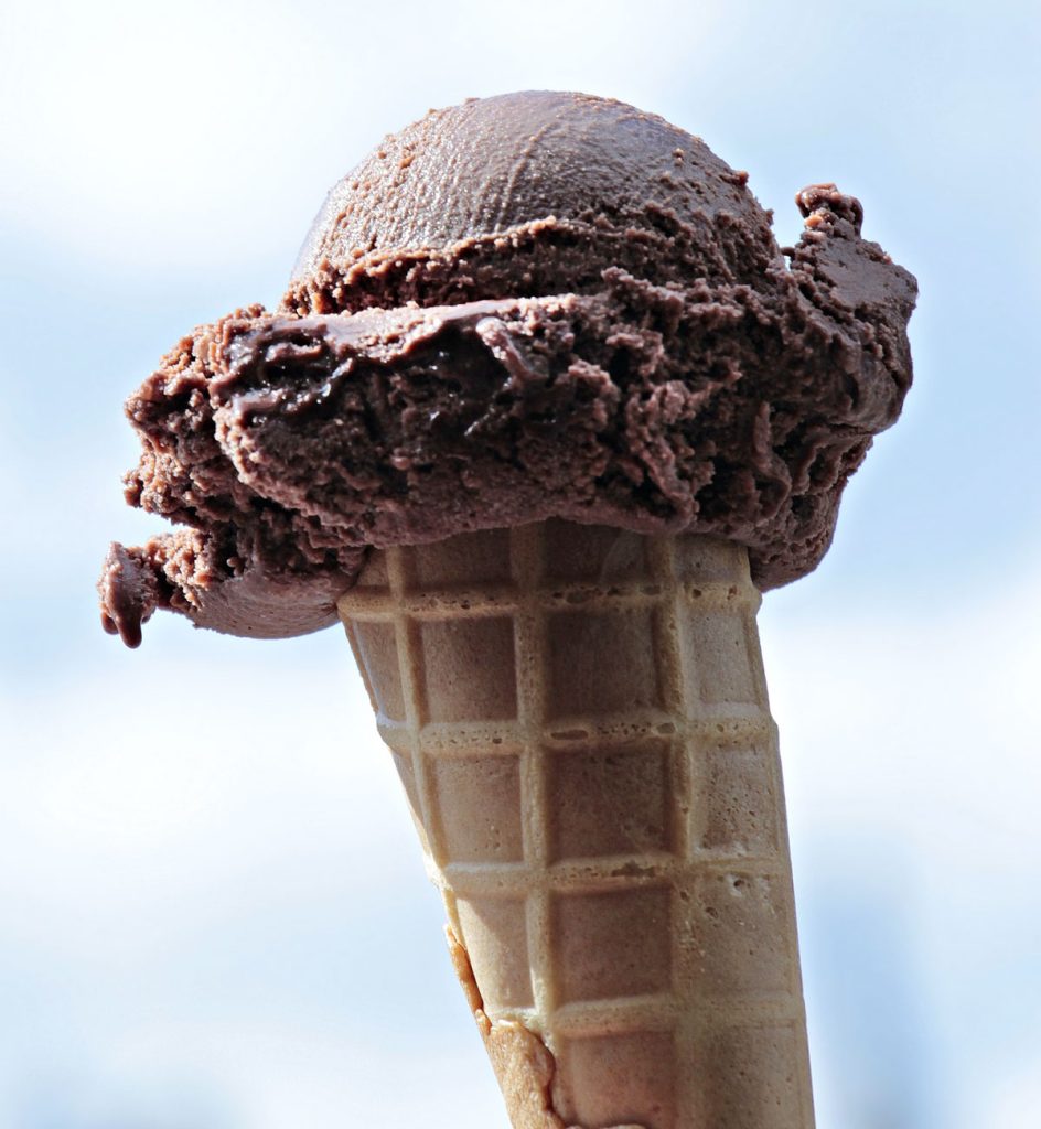 Chocolate ice cream in a cone.