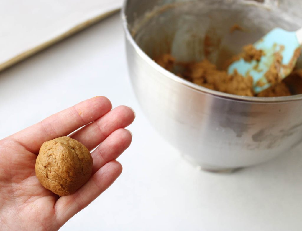 Cookie dough ball in a hand.