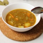 Bowl of vegan split pea soup.
