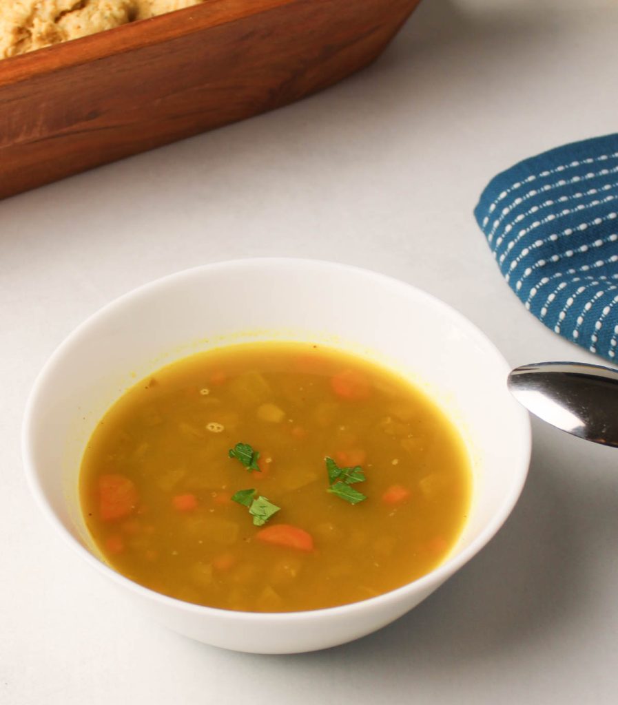 Bowl of yellow lentil soup.