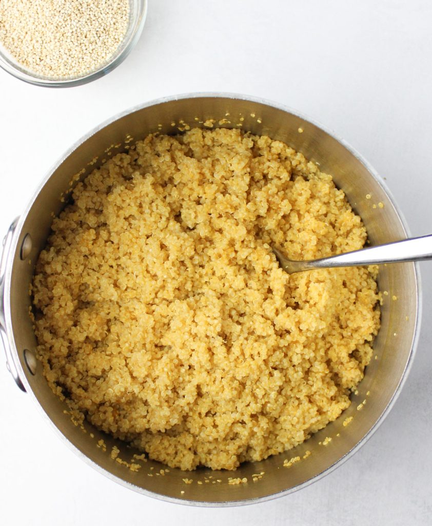 Pot of cooked quinoa.