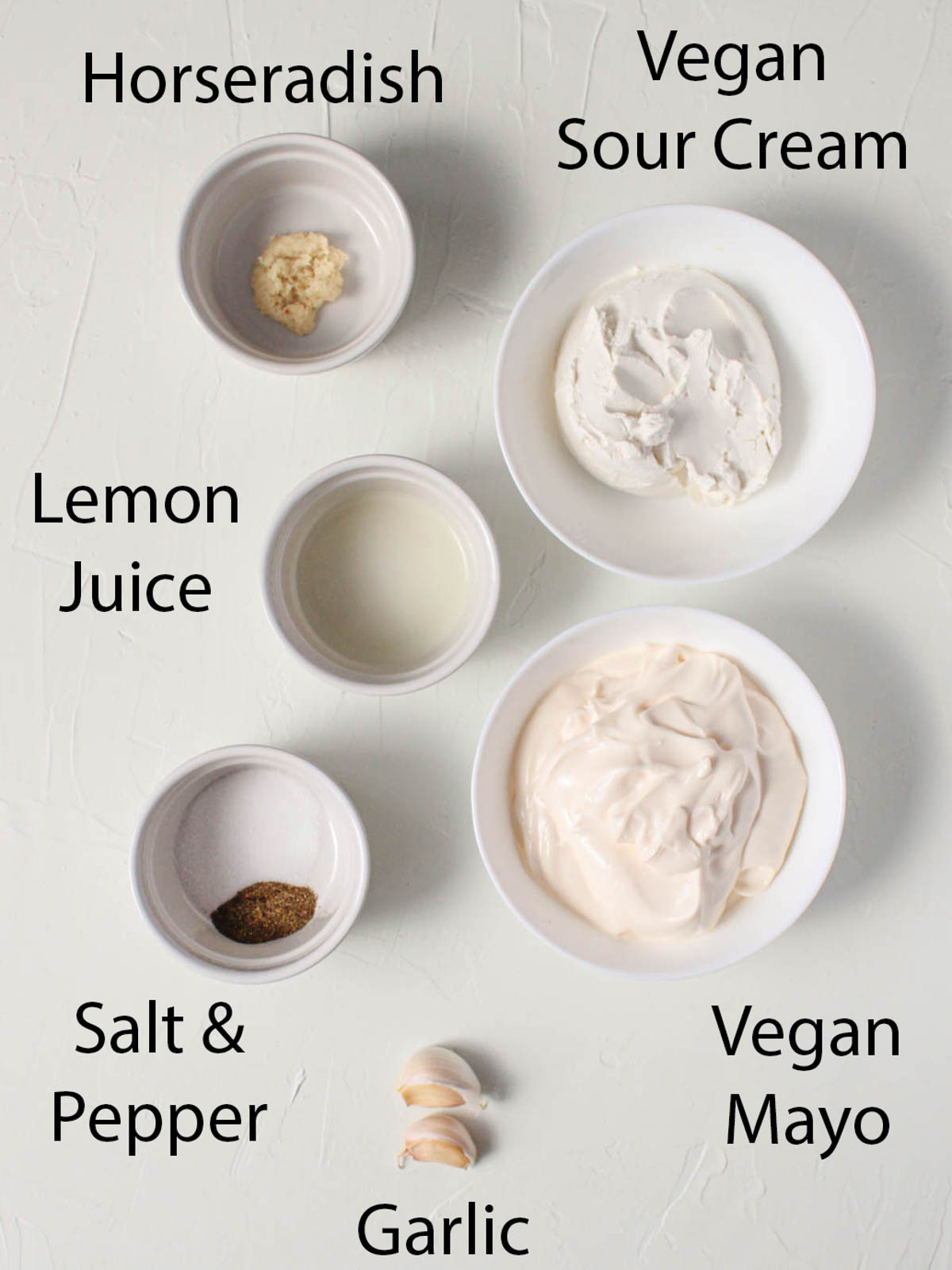 Ingredients: horseradish, vegan sour cream, vegan mayo, lemon juice, garlic, salt & pepper.